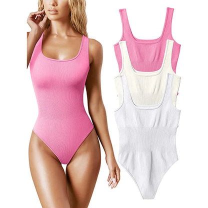 GUUDIA Ribbed Tummy Control Jumpsuit – Light Compression Daily Shaper Bodysuit with Open Crotch Shapewear Design