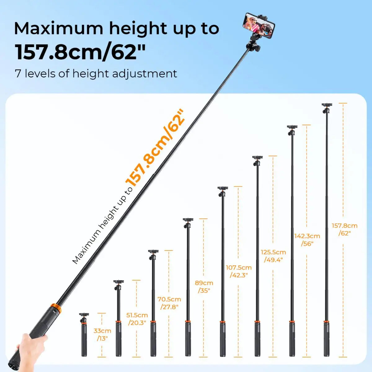 K&F Concept MS08 62'' Phone Tripod – 1.58m Selfie Stick with Bluetooth Remote & GoPro Adapter (Black & Orange)