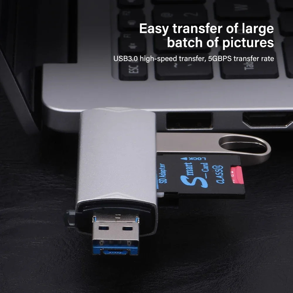JASTER 6-in-1 USB 3.0 Card Reader – Type-C/USB TF/SD Adapter Flash Drive for Phone & Laptop