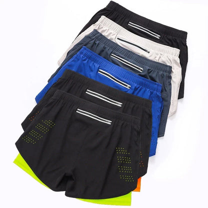 Men’s Quick-Dry Running Shorts — Black Double Layer Sport Workout Training Bodybuilding Shorts