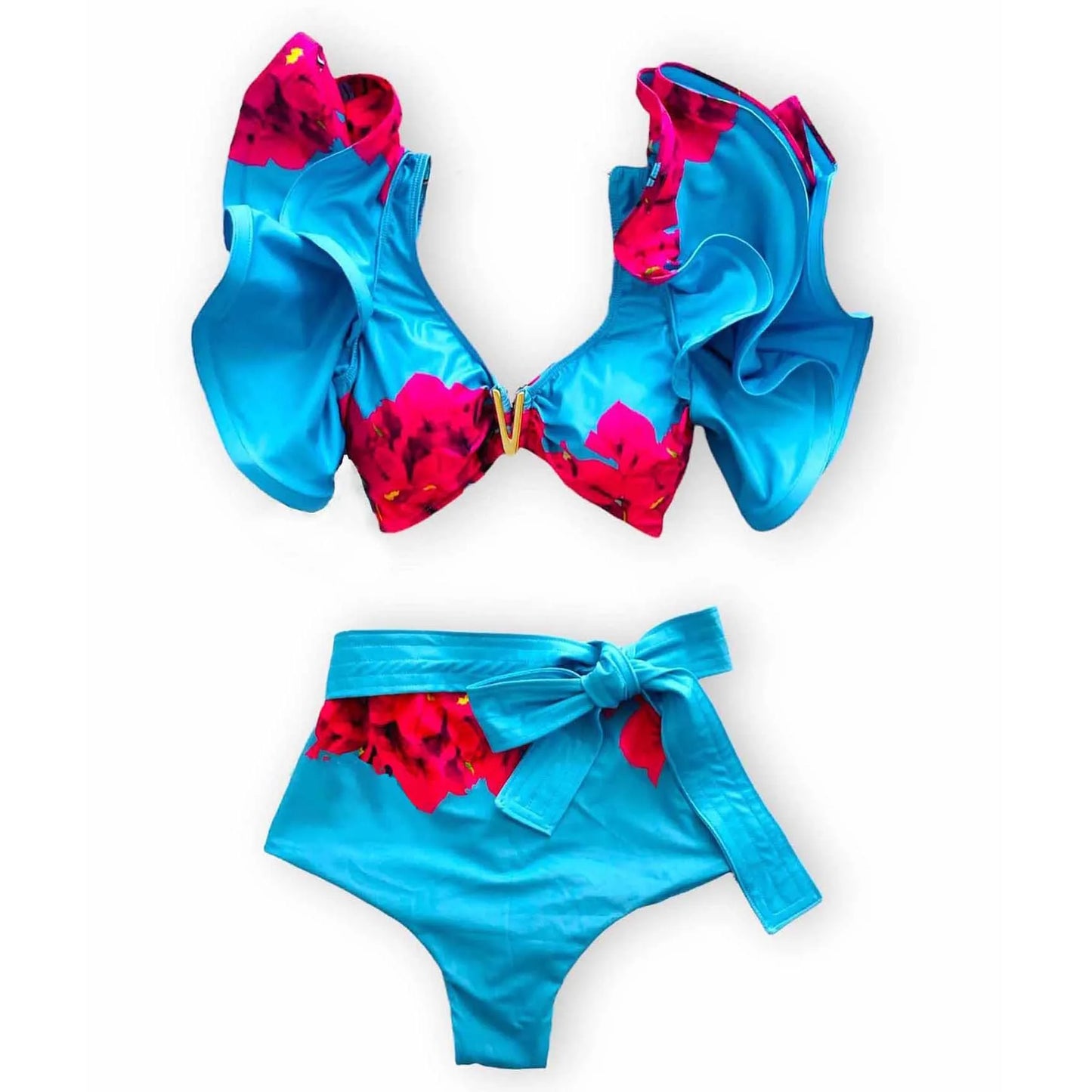 Sporlike V-Neck Ruffled Bikini Set – High Waist Sexy Printed Two-Piece Swimsuit for Women 2025
