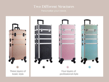 Makeup Trolley Case 4-in-1 — Detachable Alloy Train Briefcase with Wheels, Lockable Large Capacity Storage for Nail Manicure Salon