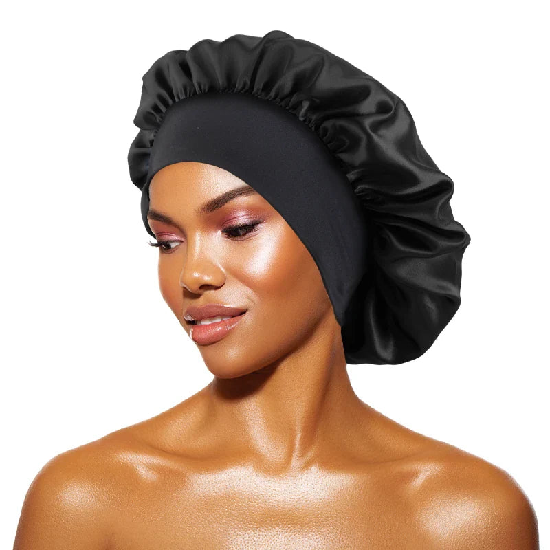 Women's Satin Wide-Brimmed Bonnet – Unisex Night Sleeping & Bathing Head Wrap with Elastic Band for Hair Care