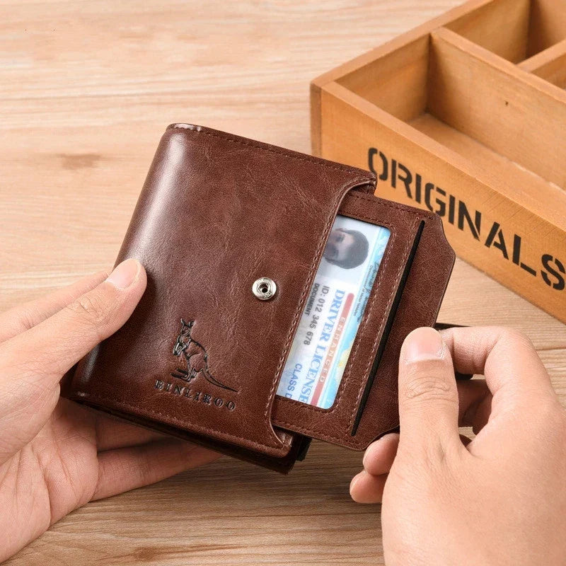 Luxury Leather Men’s Short Wallet – RFID Card Holder with Zipper Coin Purse Portable Billfold