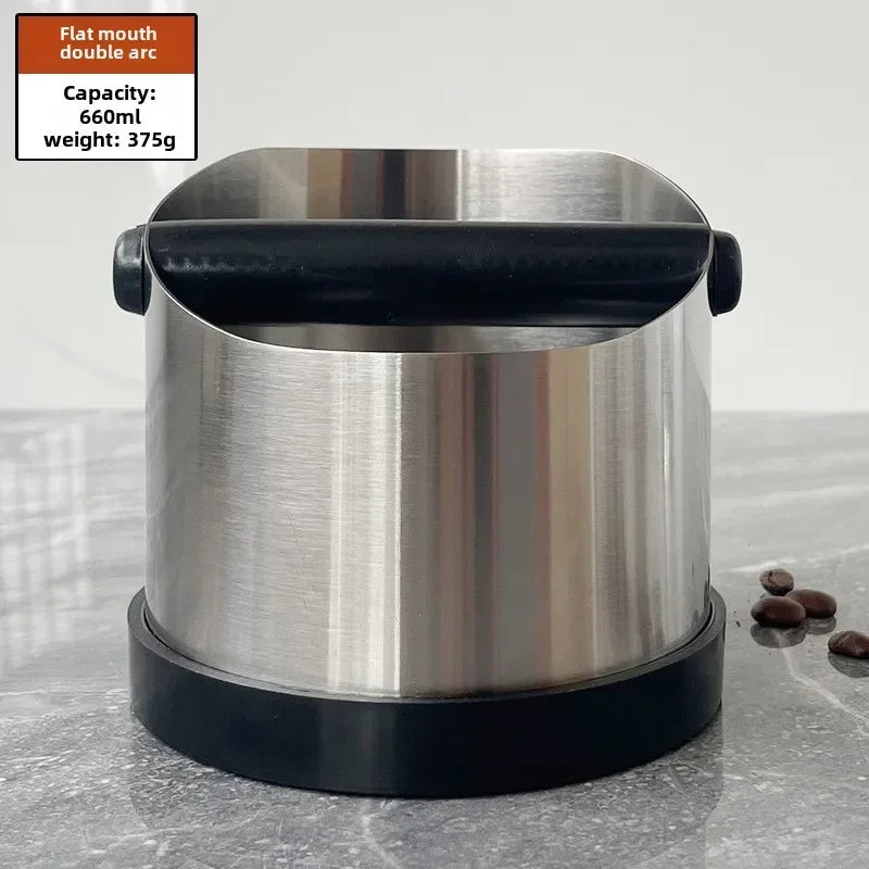 Stainless Steel Coffee Knock Box – Non-Slip Espresso Ground Bin with Rubber Ring and Beveled Design