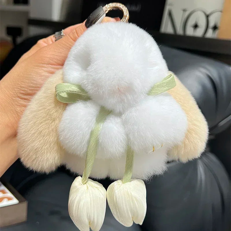 Cute Real Rex Rabbit Fur Keychain – Mini Bunny Pendant Bag Charm & Car Key Ring Plush Toy Gift for Women