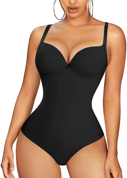Women’s Slimming Shapewear Bodysuit - V Neck Waist Trainer Jumpsuit with Underwire Bra & Tummy Control Support
