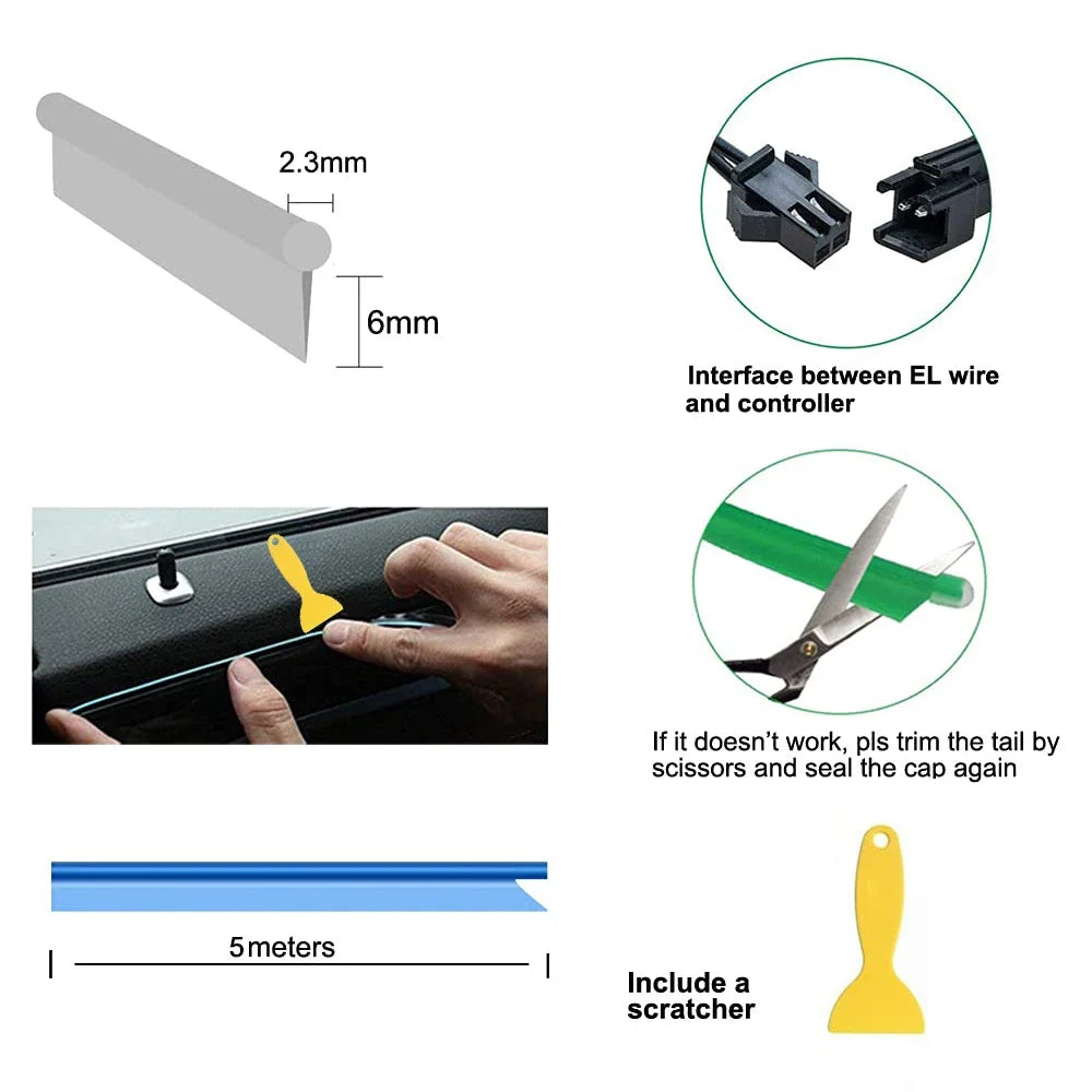 5M Car Interior LED Strip Light - USB Flexible Neon Ambient Lighting for Auto DIY Decoration