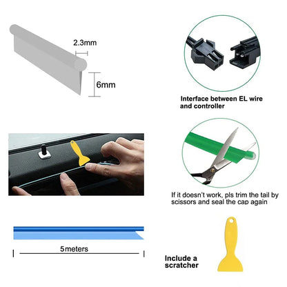 5M Car Interior LED Strip Light - USB Flexible Neon Ambient Lighting for Auto DIY Decoration