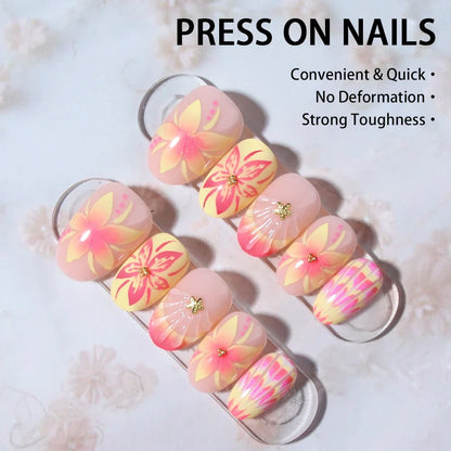 24pcs Short Oval 3D Gel Nail Stickers - Pearl Flower French Acrylic Press-On Nails for Easy Nail Art