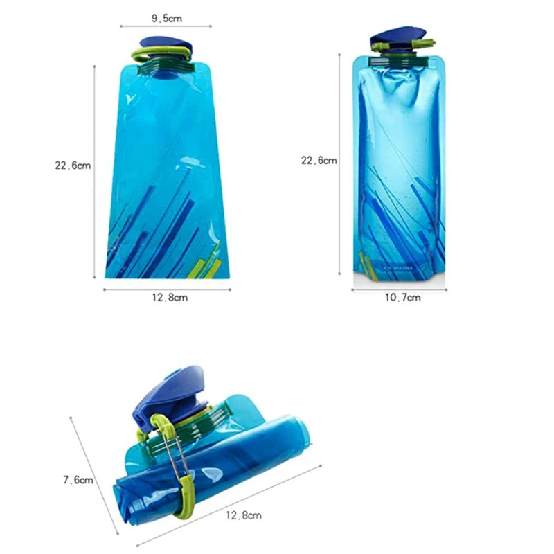 Foldable Reusable Travel Water Bottle - Flexible Plastic Water Pouch Soft Flask with Carabiner Clip