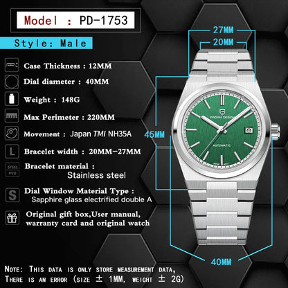 Pagani Design 2024 Men’s Automatic Mechanical Watch – Luxury Sapphire AR Coating, Stainless Steel, 10BAR Waterproof