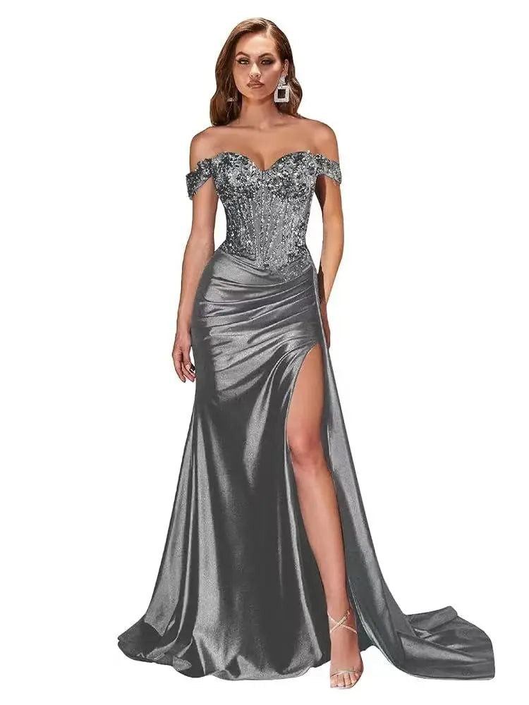 Women’s Dark Navy Off-Shoulder Prom Dress — Sweetheart Beaded Lace Corset Evening Gown with High Side Slit 2025