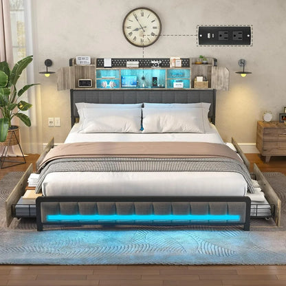 Full Size Upholstered Bed Frame with Storage Drawers, Bookcase Headboard, LED Lights & USB Charging Station