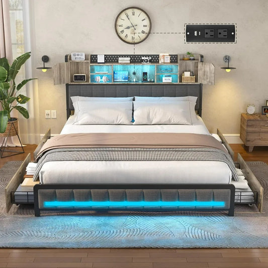 Full Size Upholstered Bed Frame with Storage Drawers, Bookcase Headboard, LED Lights & USB Charging Station