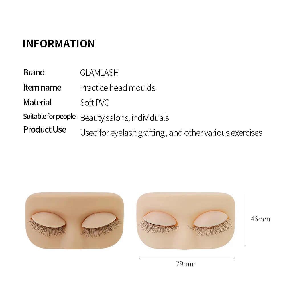 GLAMLASH Mini Lash Practice Head – Flat Model for Eyelash Extension Training with Removable Replacement Eyelids