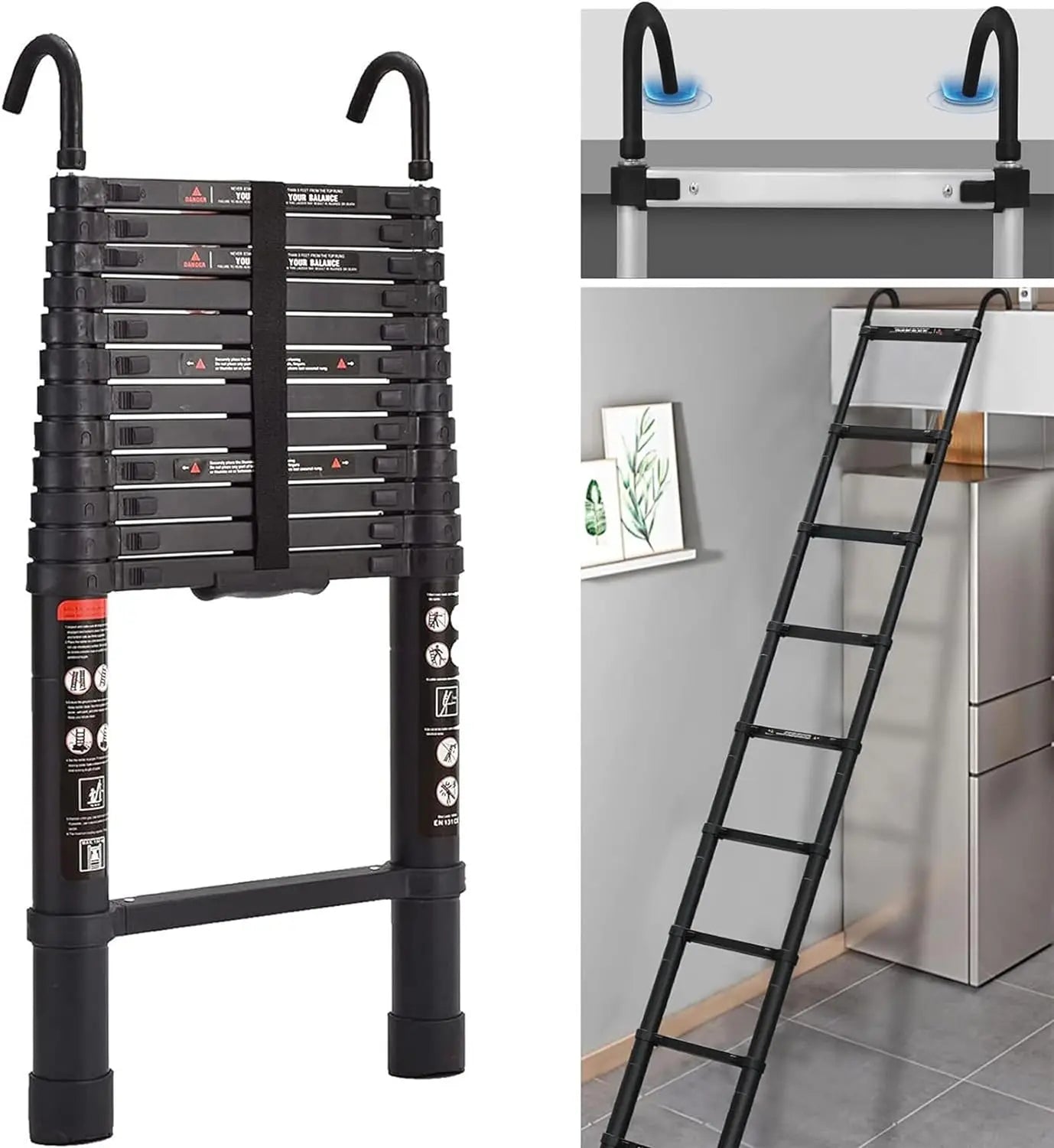 DayPlus 3.2-6.2M Telescopic Ladder with Roof Hook Kit – Portable, Heavy Duty Aluminium Multi-Purpose Folding Extendable Ladder