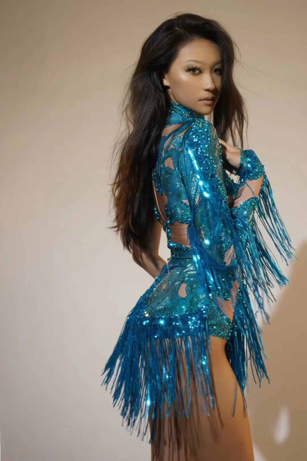 Sexy Blue Rhinestone Skinny Leotard – One-Shoulder Fringe Dance Costume for Singers & Dancers