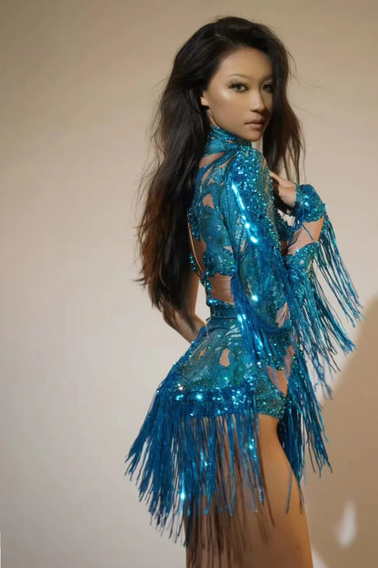 Sexy Blue Rhinestone Skinny Leotard – One-Shoulder Fringe Dance Costume for Singers & Dancers