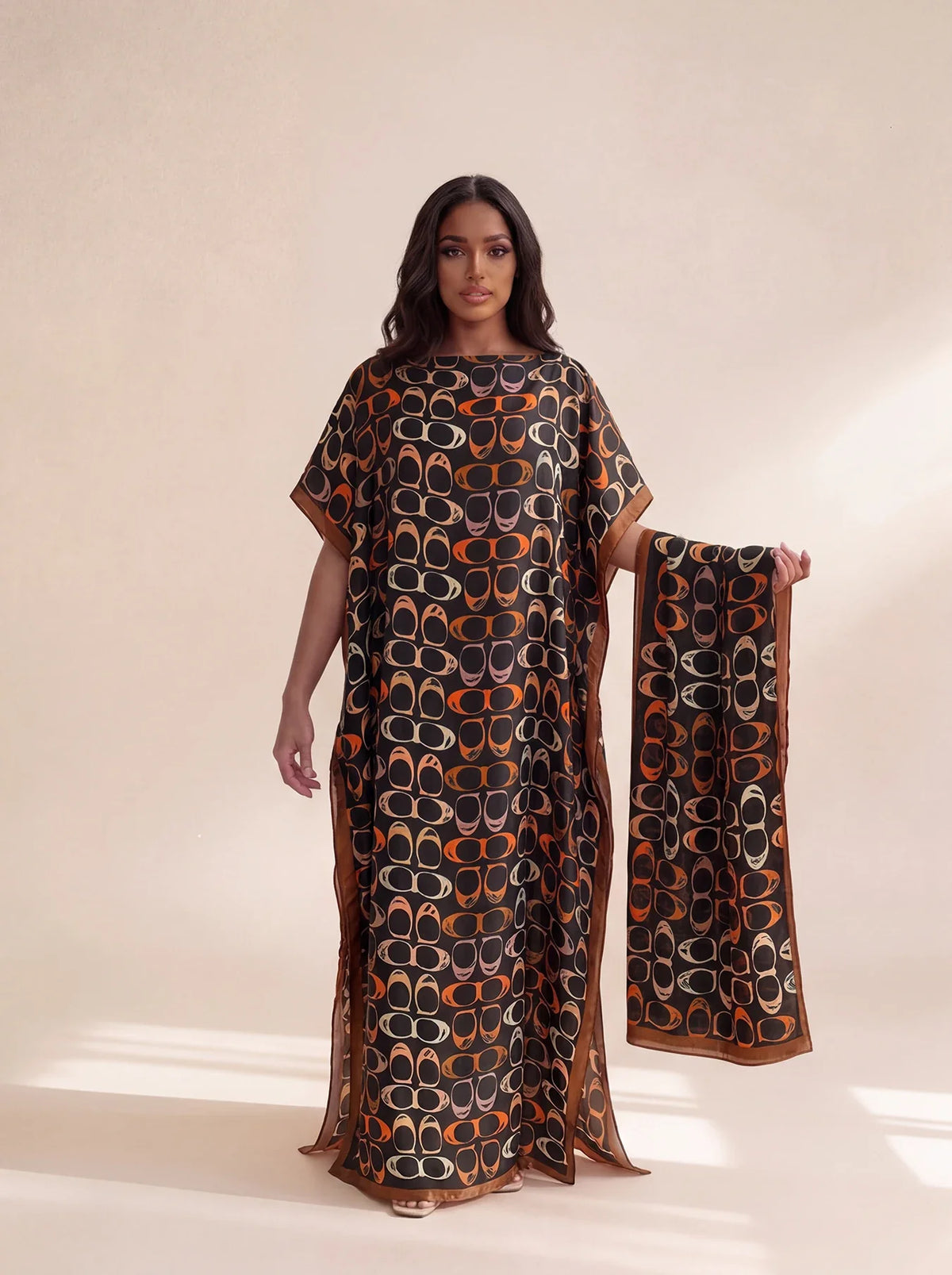 Long Silk Blend Beach Cover Up Dress - Elegant Middle Eastern Print Loose Robe for Women