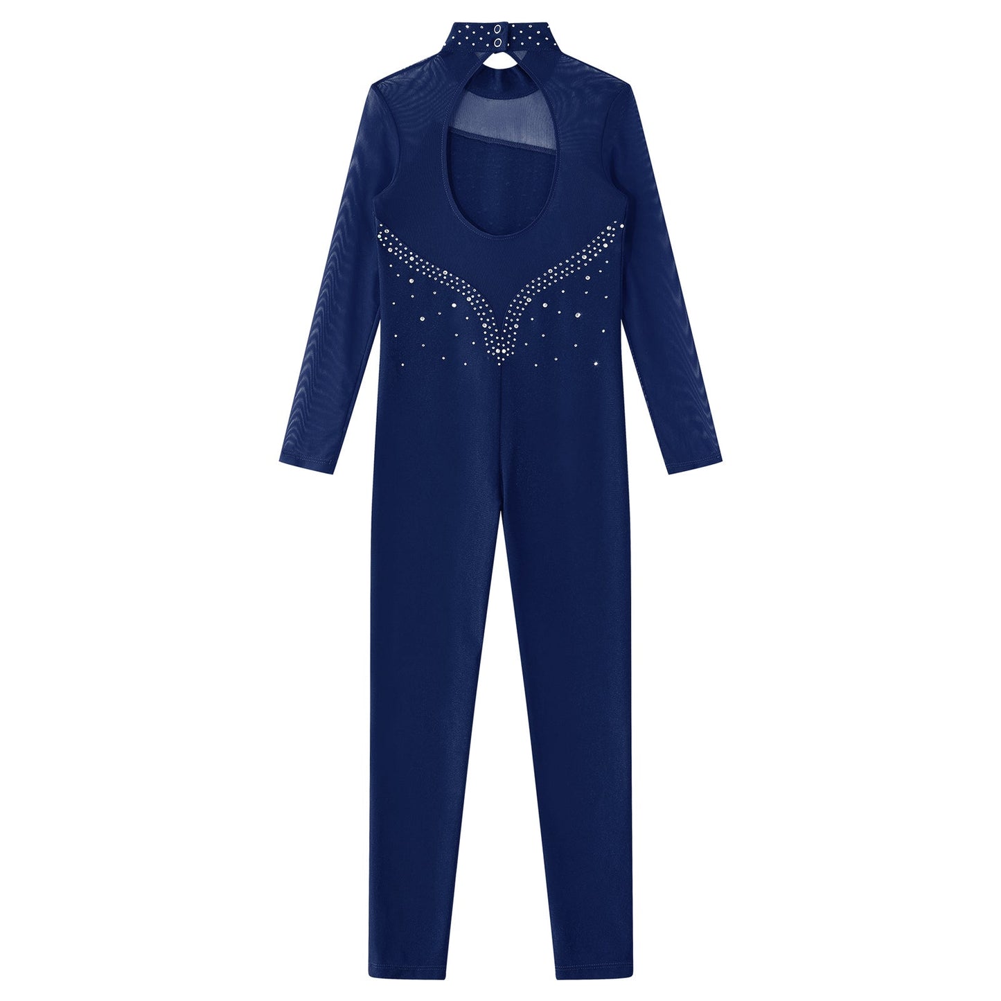 Kids Girls Long Sleeve Rhinestone Bodysuit — Full Body Dancewear Gymnastics Leotard Skating Jumpsuit