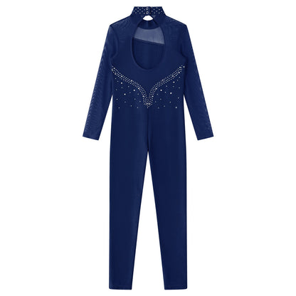 Kids Girls Long Sleeve Rhinestone Bodysuit — Full Body Dancewear Gymnastics Leotard Skating Jumpsuit
