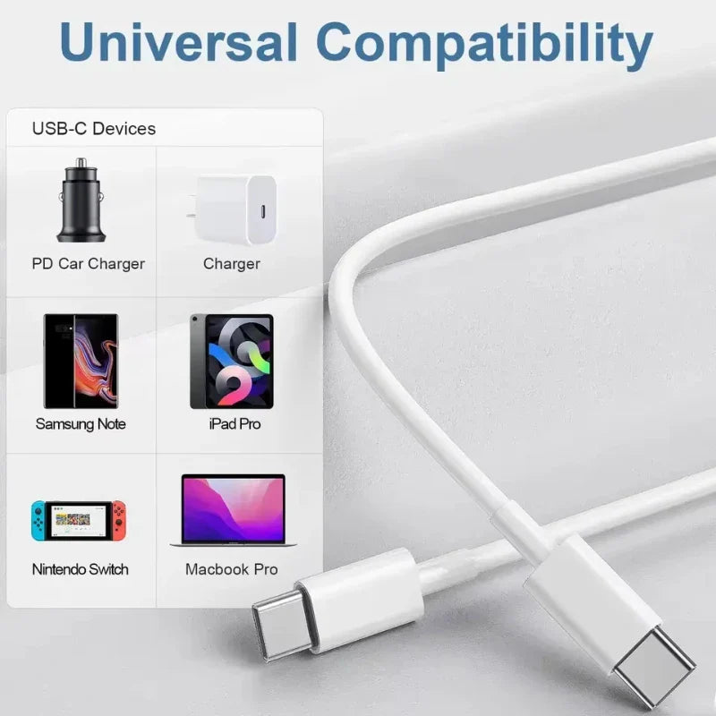 PD 60W USB-C to USB-C Fast Charging Cable – 2M Power Delivery Cord for iPhone 6-16 Series, iPad & USB-A Devices
