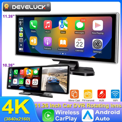 4K Dash Cam 10–11.26 Inch Car DVR – Wireless CarPlay & Android Auto GPS Navigation Dual Lens Video Recorder with WiFi FM AUX