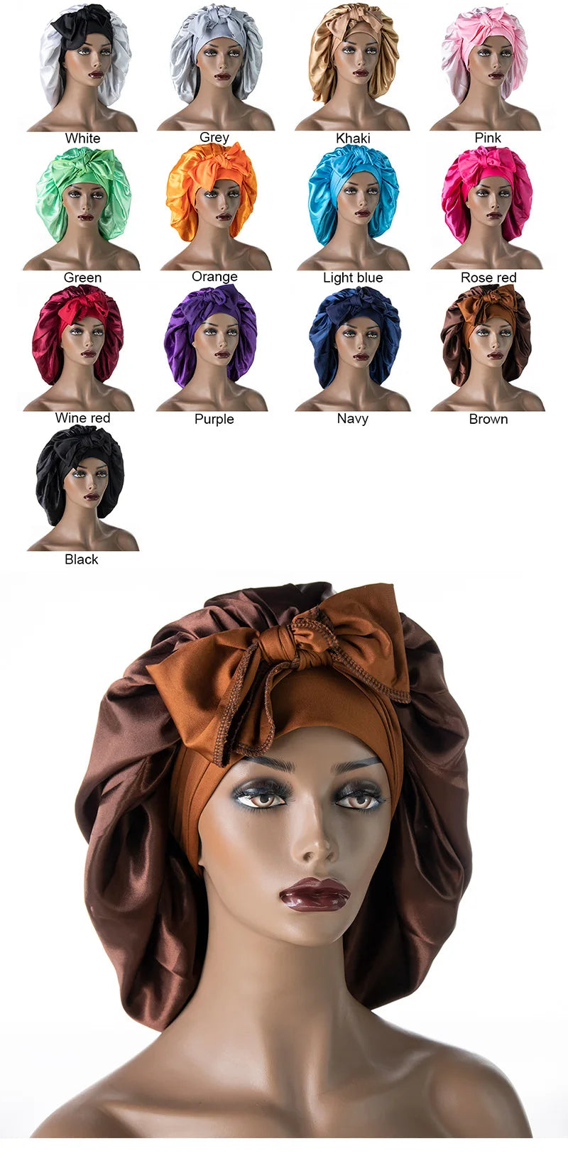 Satin Nightcap for Women - Wide Stretch, Extra-Large Long Tail, Shower Cap with Ribbon, Round Hat Hair Bonnet