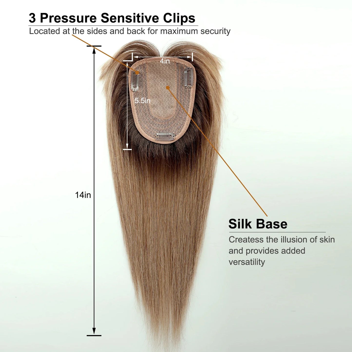 Brown Blonde Ombre Human Hair Toppers for Women – 10/12/14 Inches with Silk Base, Clips, and Bangs