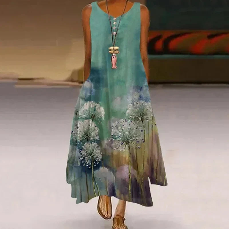 Women’s Dandelion Print Maxi Dress - Sleeveless Casual Summer Long Dress for Stylish Everyday Wear