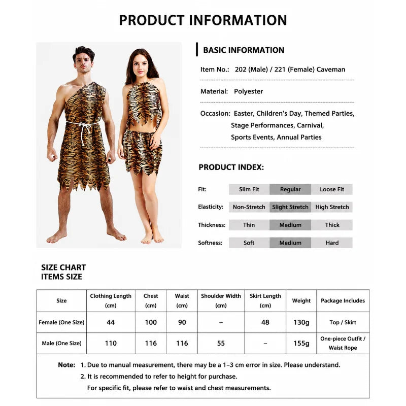 Unisex Caveman Costume - Tiger Print Prehistoric Halloween Party Cosplay Outfit