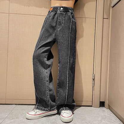 New 2024 Teenage Girls’ Blue Street Cartoon Jeans – Elastic Mid-Waist Loose Wide-Leg Denim Pants for Spring Fashion