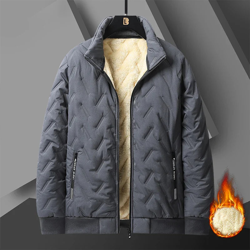 2025 Men’s Plus Size Winter Jacket – Wool-Look Stand Collar Cotton-Padded Windproof Outdoor Coat with Velvet