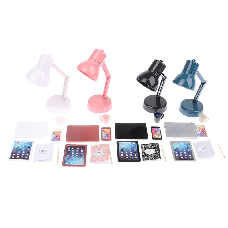 6–7PCS 1:12 Dollhouse Miniature Study Desk Set — Laptop, Phone, Tablet, Lamp & Books Scene Decor