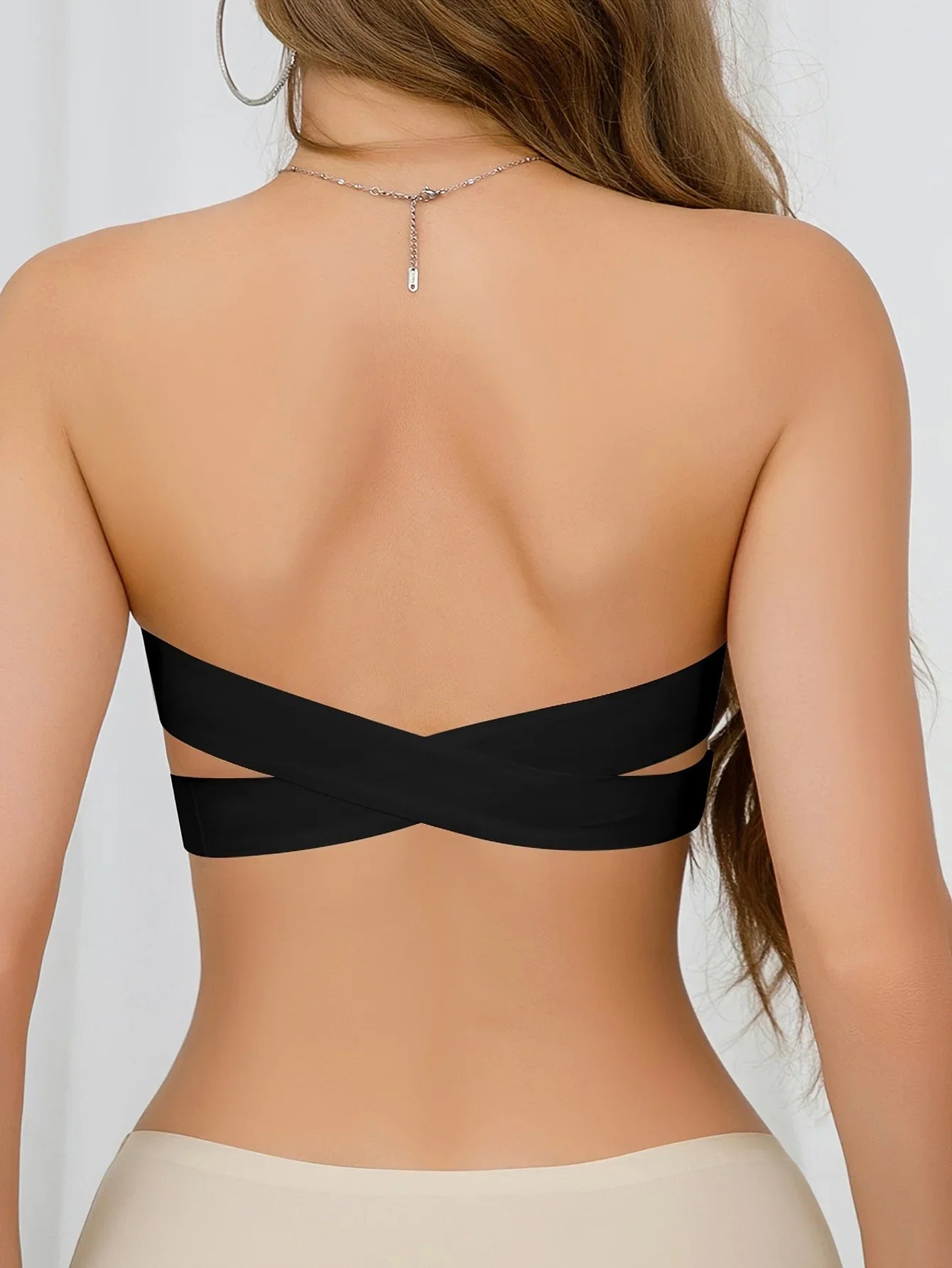 Strapless Bra with Side Clasps – Nylon Knit Fabric, Removable Padding & Crisscross Strap Details