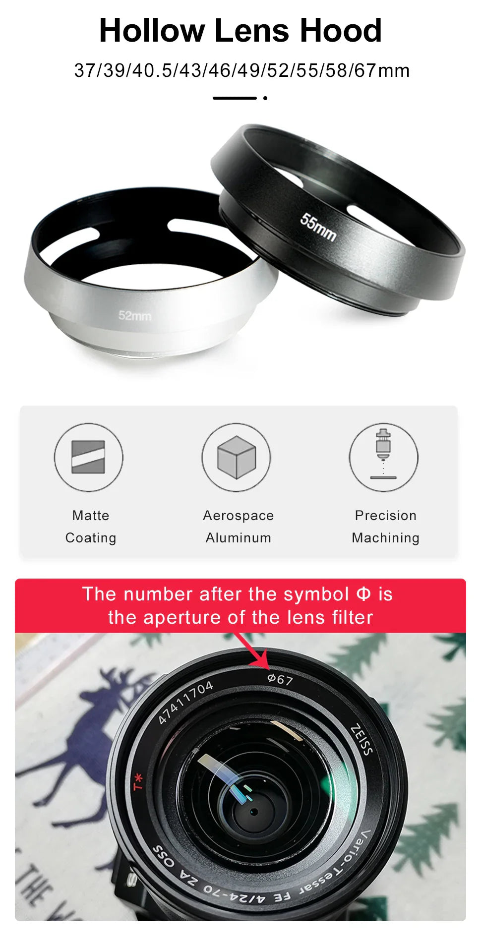 37-62mm Metal Hollow Camera Lens Hood — Compatible with Fuji Nikon Pentax Sony Olympus Canon