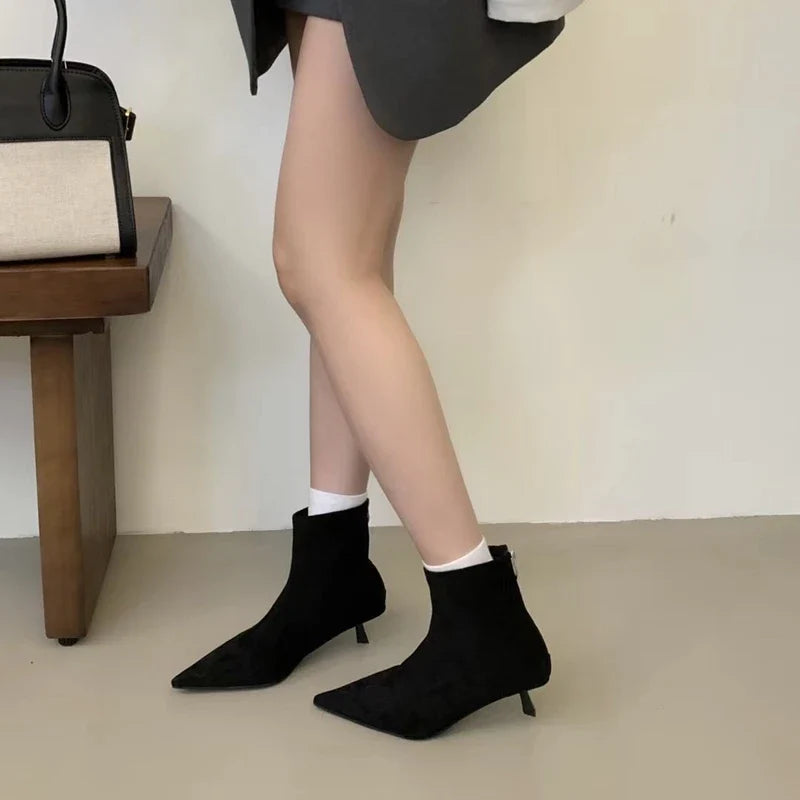 SUOJIALUN 2024 Winter New Women’s Short Boots – Fashion Pointed Toe, Elegant Ankle Boots with Thin High Heel Dress Pumps