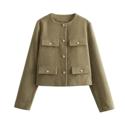 TRAF Women's Autumn Outerwear – Long Sleeve Cropped Jacket, Winter Button Demi-Season Short Coat, Elegant Women’s Coat