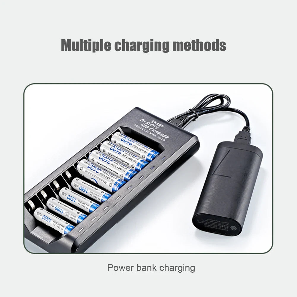 8-Slot Fast USB Rechargeable Battery Charger – AA/AAA NiMH 1.2V with Short Circuit Protection & USB Output