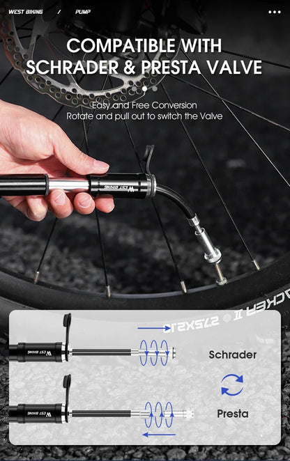 WEST BIKING 130PSI Mini Bike Pump – Portable Aluminum Alloy Hand Air Pump for MTB & Road Cycling, Drop-Proof & Ultralight