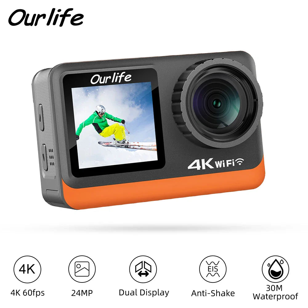 Ourlife 4K 60FPS Action Camera – 24MP WiFi Sports Camera with 2.0” Touch IPS Screen, 170° Wide Angle, EIS Stabilization, 30M Waterproof Case & 4X Zoom for Helmet & Outdoor Recording