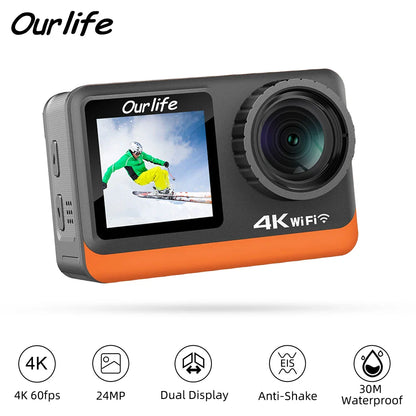 Ourlife 4K 60FPS Action Camera – 24MP WiFi Sports Camera with 2.0” Touch IPS Screen, 170° Wide Angle, EIS Stabilization, 30M Waterproof Case & 4X Zoom for Helmet & Outdoor Recording