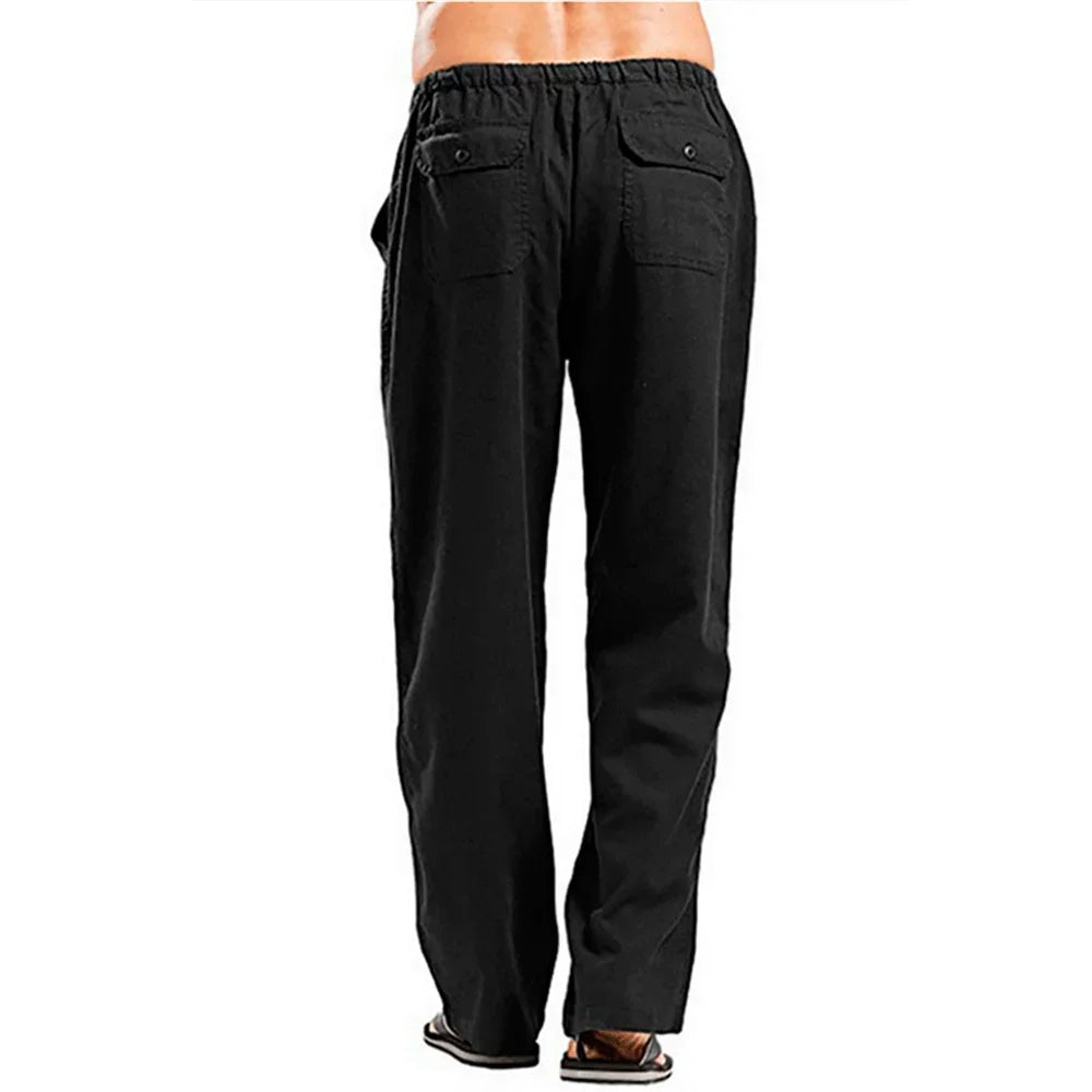 Men's Cotton Linen Pants – Summer Breathable Solid Color Casual Trousers with Elastic Waist