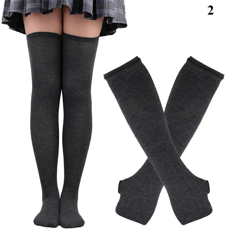 Women’s Over-Knee Long Stripe Socks & Arm Sleeve Gloves – Cute Plus Size Thigh High Cotton Socks