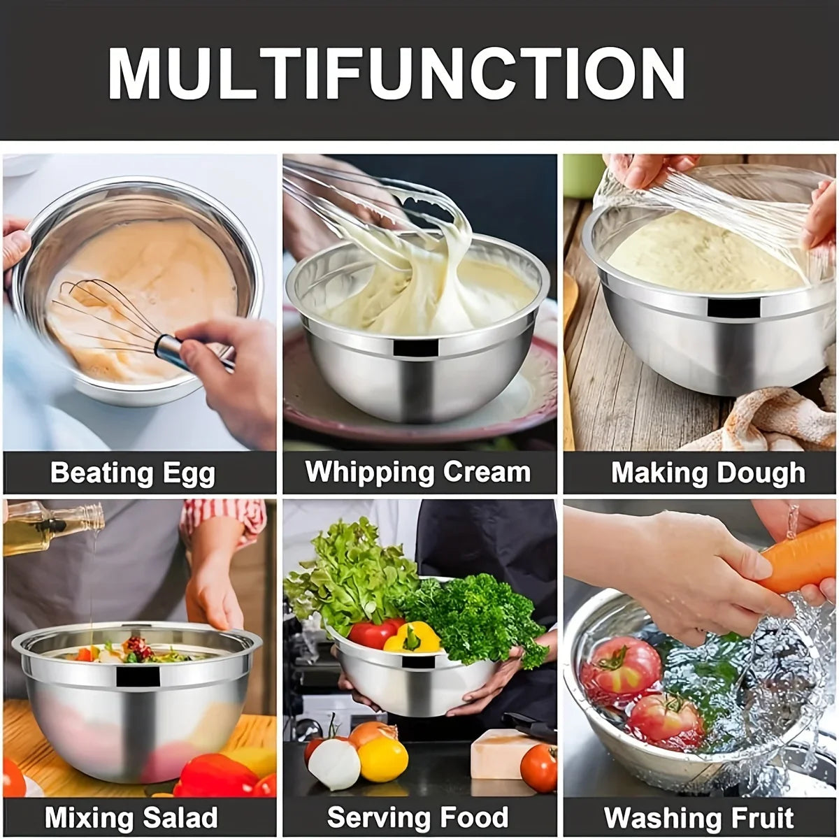 8PCS Stainless Steel Mixing Bowl Set – Airtight Lids, Non-Slip Bottoms, Black Kitchen Bowls for Baking & Serving