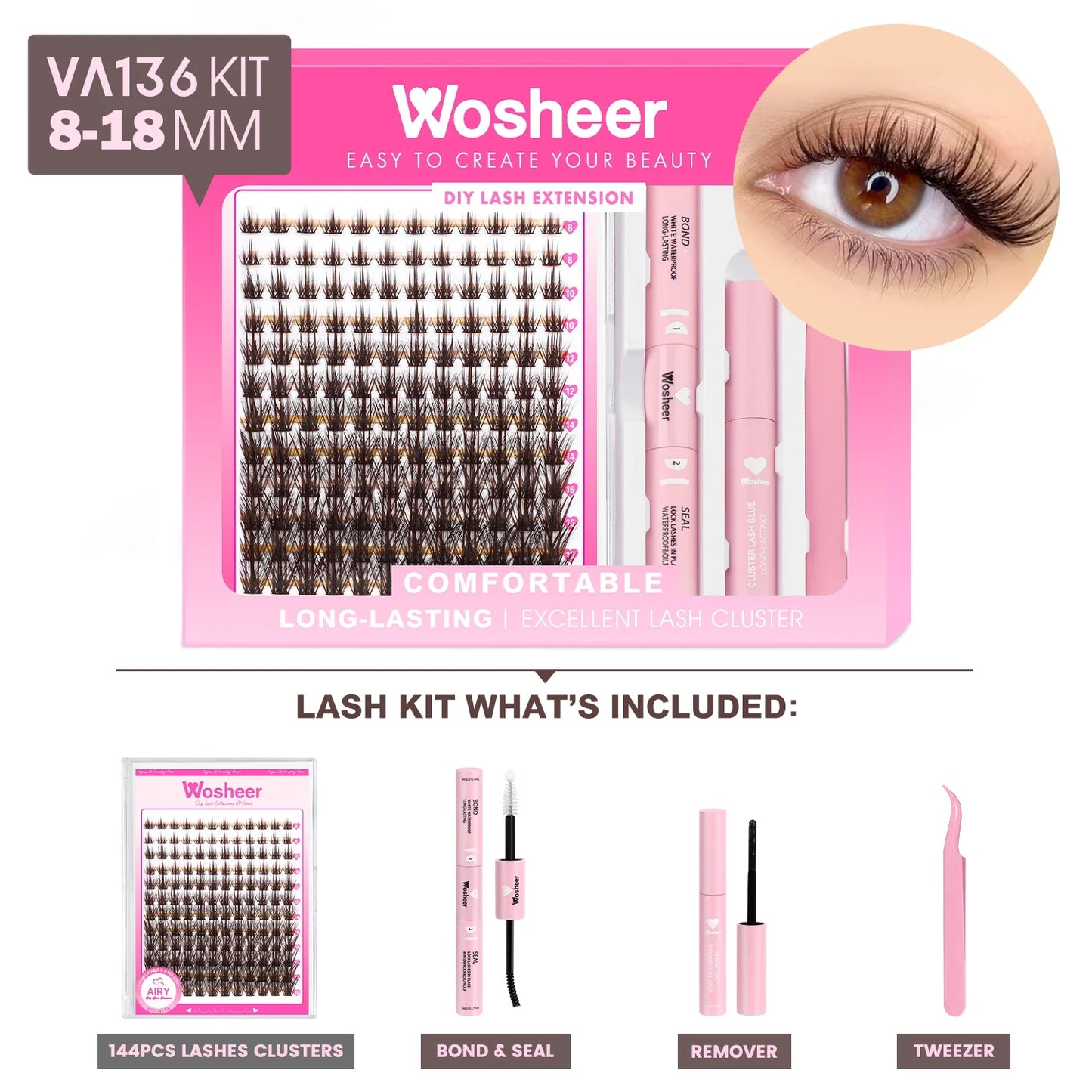 WOSHEER DIY Eyelash Cluster Kit – Faux Mink Lash Extensions with Bond, Seal & Remover for Natural Thick Individual Lashes