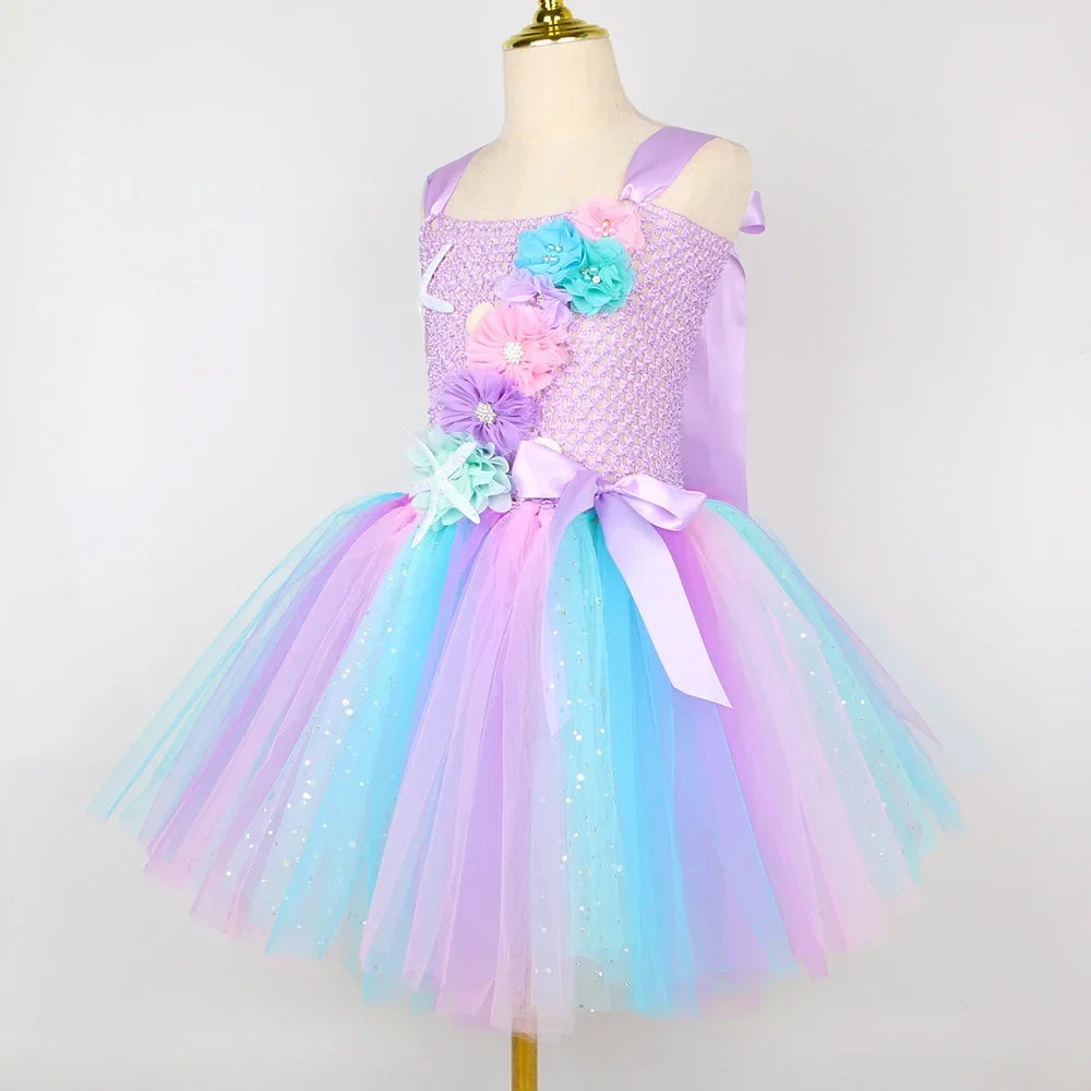 Princess Mermaid Dress for Girls - Pastel Floral Tutu Party & Halloween Costume Dress