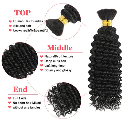 Human Braiding Hair Deep Wave Bulk - 100g No Weft Hair Bundles for Boho Braids, Micro Human Hair