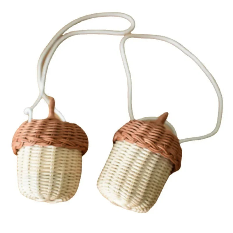 Acorn-Shaped Rattan Storage Basket - Handwoven Round Beach Style Shoulder Bag